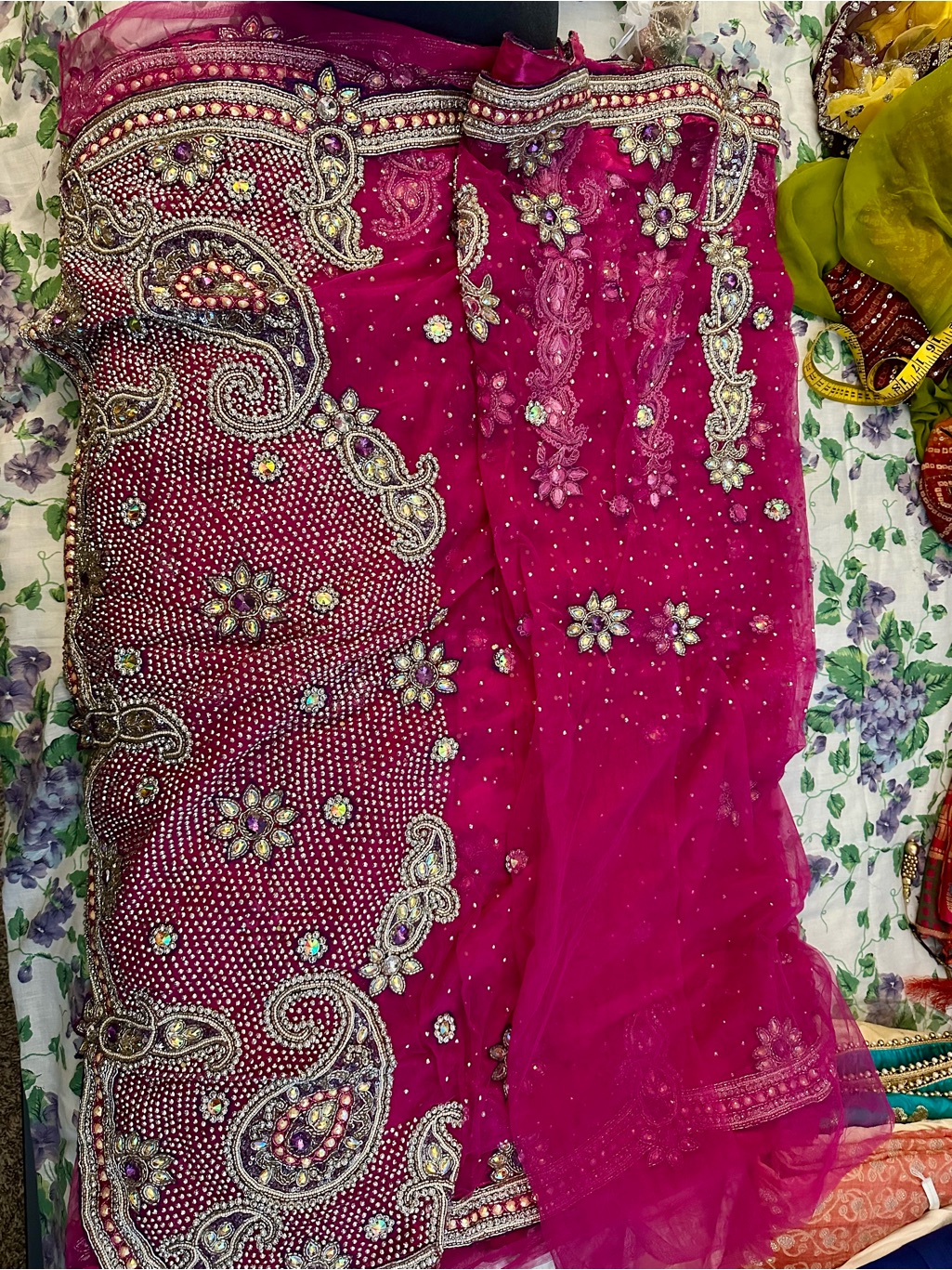 Embellished Fuchsia Beaded Net Saree With Crystal Accents